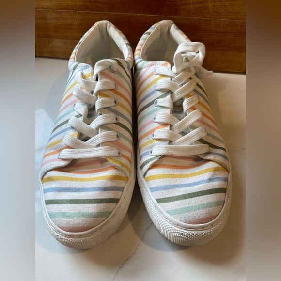 J. Crew Striped Sneakers Women Casual 8.5 Rainbow Printed Road Trip Canvas - Picture 3 of 9